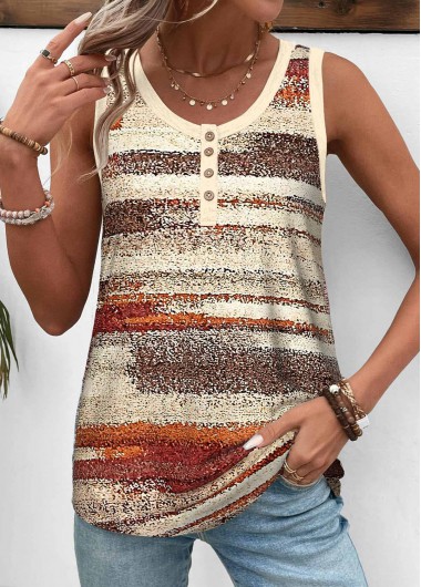 Modlily Light Yellow Button Striped Sleeveless Round Neck Tank Top - XXL