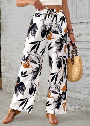 Modlily White Leaf Print Wide Leg Elastic Waist Pants - L