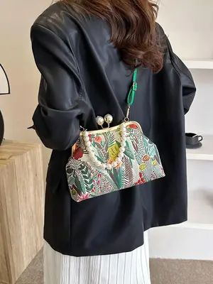 Women's Floral Pattern Faux Pearl Decorated Handbag, Casual Large Capacity Shoulder Bag for Daily Used, Trendy Versatile High...