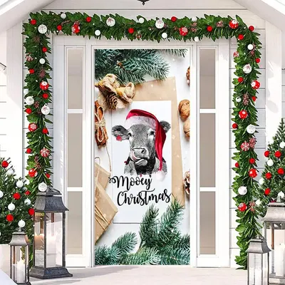 Moory Christmas Cow Green Leaves White Door Cover - Aperturee