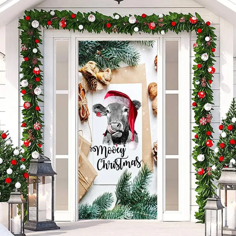 Moory Christmas Cow Green Leaves White Door Cover - Aperturee