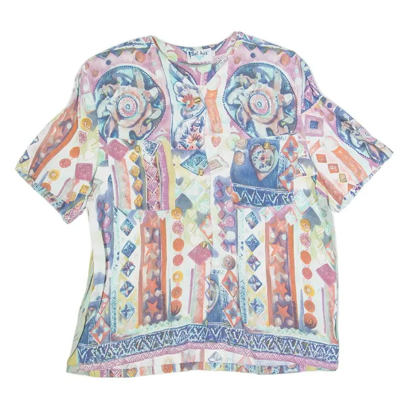 SAINT ANDRE Button Up Womens Printed Top Purple V-Neck Crazy Pattern S