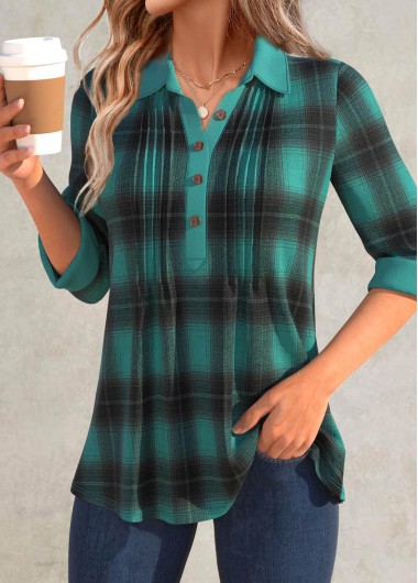 Modlily Turquoise Button Plaid Long Sleeve Shirt - XL