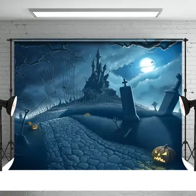 Halloween Horror Castle Tree Pumpkin Lamps Backdrop - Aperturee