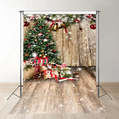 Aperturee Snowy Christmas Tree With Gift Wooden Party Backdrop