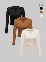 Women's Solid Notched Neck Long Sleeve Tee, Casual Solid T-shirt for Fall, Vintage Graphic Tees, Ladies Clothes for Daily Wea...
