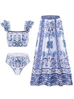 Three-piece Set Women's Floral Print Swimsuit Set, Boho Fashion Layered Ruffle Trim Swim Top & Swim Panty & Cover Up Skirt Se...