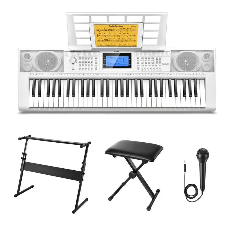 Donner DEK-610S 61 Key Electronic Keyboard Set with Stand/Stool/Microphone - White
