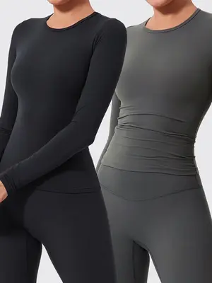 Women's Solid Long Sleeve Sports Tee, Casual Comfy Breathable T-shirt for Yoga Gym Workout Running, Ladies Sportswear for Spr...