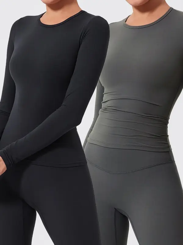 Women's Solid Long Sleeve Sports Tee, Casual Comfy Breathable T-shirt for Yoga Gym Workout Running, Ladies Sportswear for Spr...