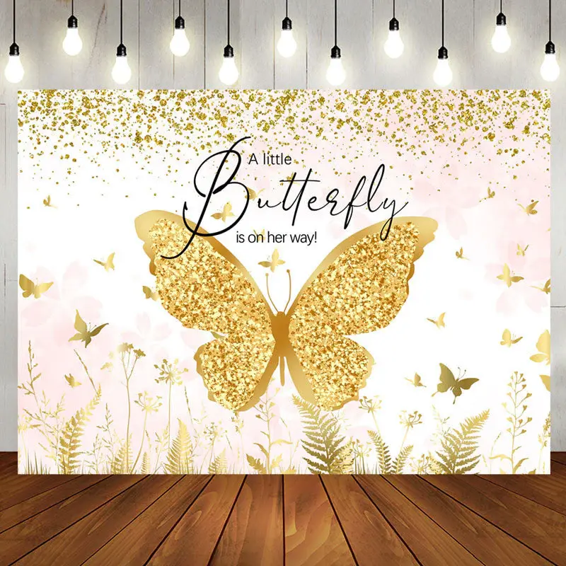 A Little Butterfly Gold Glitter Baby Shower Backdrop - Aperturee