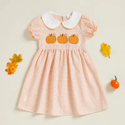 Little Girls Halloween A-line Dress Short Sleeve Doll Collar Pumpkin Embroidery Dress 2-5 Years