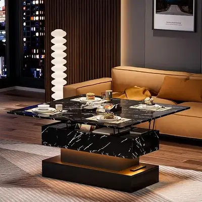 LED Lift Top Coffee Table with Charging Station, Modern High Glossy Coffee Table with LED Light, 3 in 1 Multifunctional Coffe...