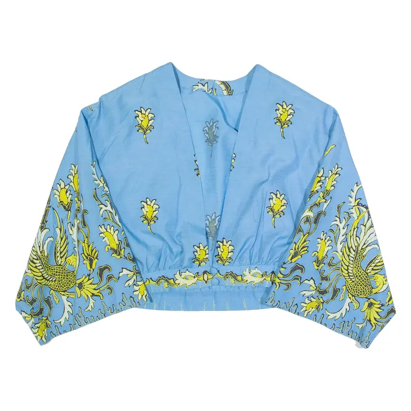 Womens Printed Blouse Blue V-Neck 3/4 Sleeve Floral M