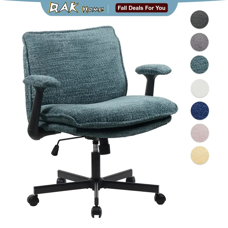 QAK Criss Cross Legged Office Chair with Wheels and Flip-Up Arms, Upholstered Criss Cross Desk Chair, Wide Seat Chairs for Ho...