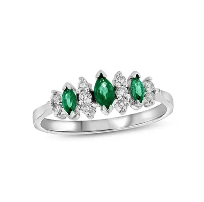 10K White Gold 1 CT.T.W. Marquise Cut Emerald & 0.15 CT.T.W. Natural Diamond Three Stone Illusion Anniversary Band