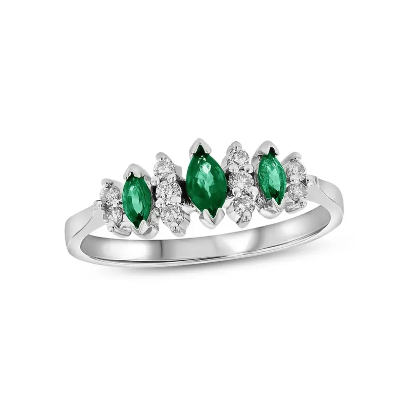 10K White Gold 1 CT.T.W. Marquise Cut Emerald & 0.15 CT.T.W. Natural Diamond Three Stone Illusion Anniversary Band