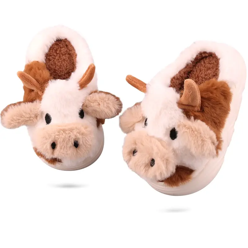 Cozy Cow Print Plush Slippers - Soft, Warm, and Thick Indoor House Shoes , Fabric Lining, and Anti-Slip Sole for Ultimate Com...