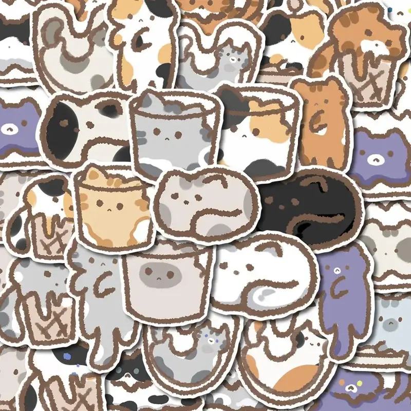 Cartoon Cat Pattern Sticker, 48pcs/set Scrapbooking & Journal Making Material Paper, PVC Waterproof DIY Decorative Sticker fo...