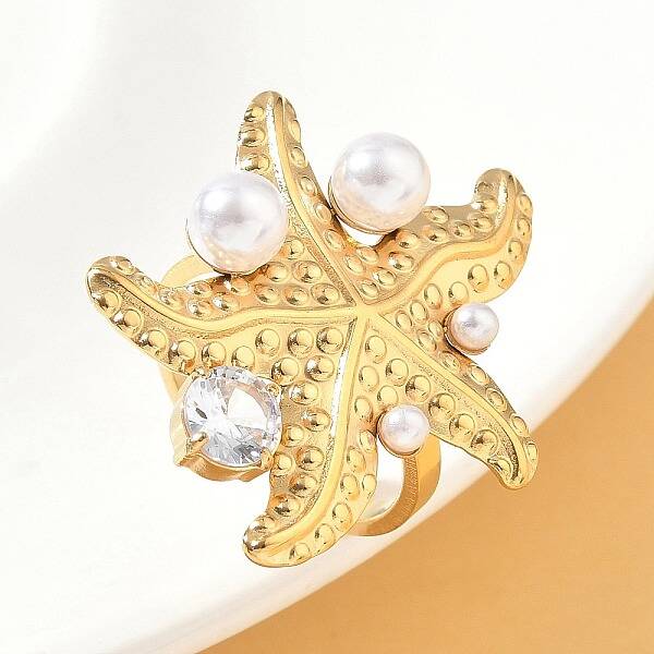 304 Stainless Steel Micro Pave Cubic Zirconia Plastic Pearl Cuff Rings
