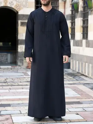 Men's Solid Color Side Pocket Long Robe, Elegant Long Sleeve Round Neck Robe for Daily Wear, Fashion Muslim Clothing for All ...