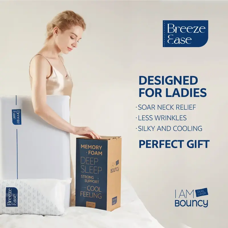 BreezeEase Premium Cooling Memory Foam Pillow, Free PillowCase - Dual Layer Slow Rebound Pillow for Side Sleeper, Hot Sleeper...