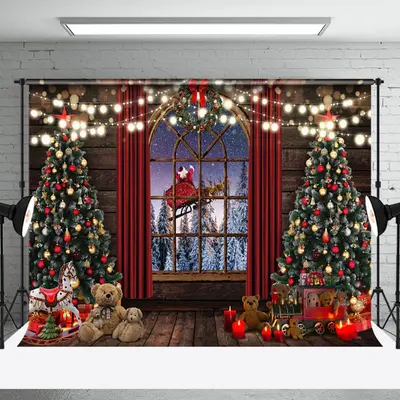 Aperturee Santa Sledge Wood Window Curtain Christmas Backdrop - Aperturee