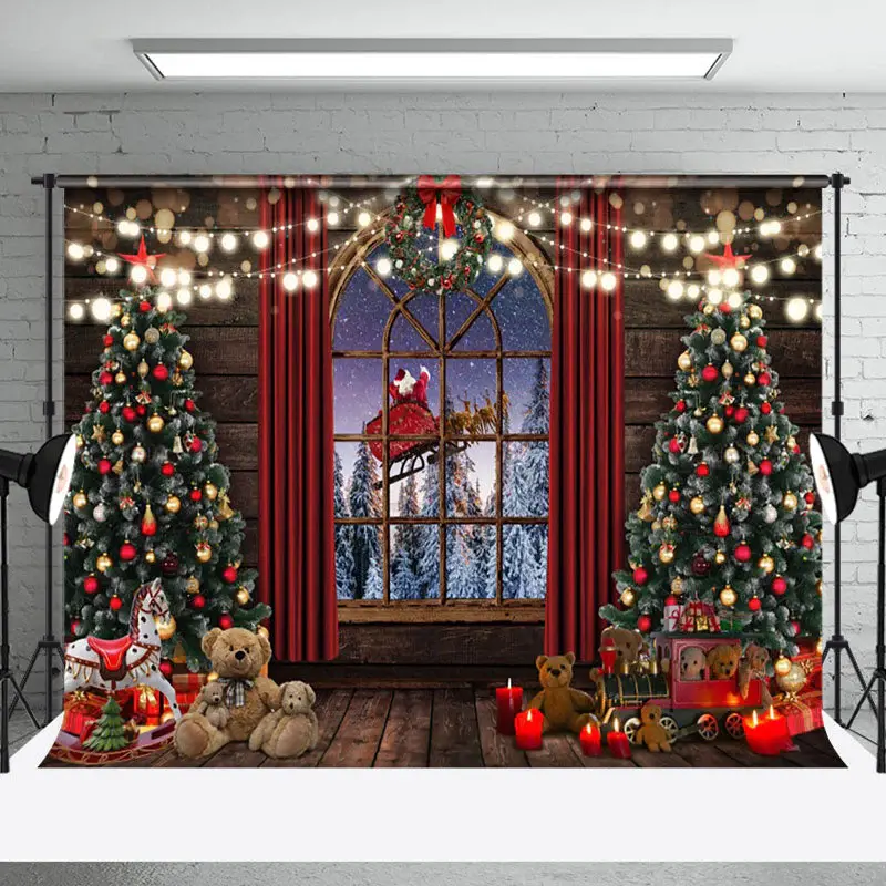 Aperturee Santa Sledge Wood Window Curtain Christmas Backdrop - Aperturee