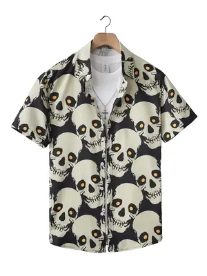 Men's Skull Print Short Sleeve Shirt, Regular Fit Casual Fashion Comfy Top for Summer, Men's Shortsleeve Clothes for Daily We...