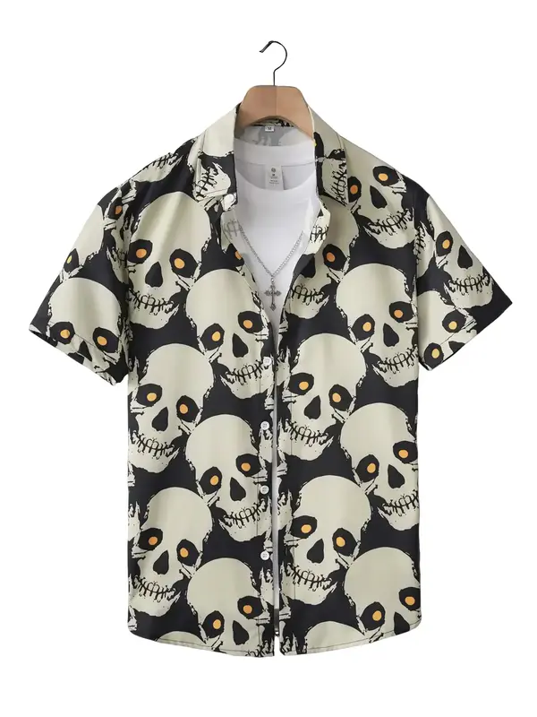 Men's Skull Print Short Sleeve Shirt, Regular Fit Casual Fashion Comfy Top for Summer, Men's Shortsleeve Clothes for Daily We...