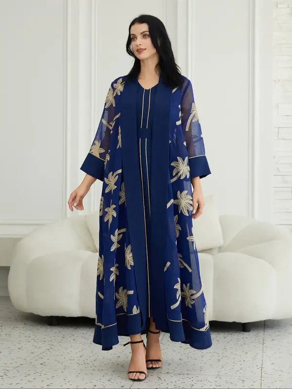 Traditional Middle Eastern Embroidered Two-Piece Abaya Dress Set, Long Arabic Women's Robe, Stylish and Elegant Islamic Cloth...