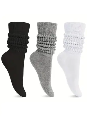 Women's 3 Pairs Solid Thermal Slouch Socks, Fashion Casual Cozy Scrunch Socks for Daily Outdoor Wear, Women Athletic Hosiery ...