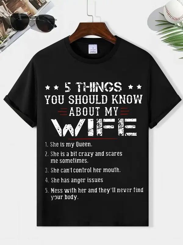 Men's Letter Print Round Neck Tee, Regular Fit Street Short Sleeve Crew Neck T-shirt, Graphic Tees, Summer Top Streetwear for...