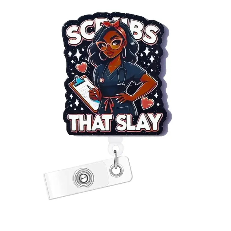 Cartoon Nurse Pattern Badge Holder, Retractable Badge Reel, Name Badge Holder for Nurse Doctor Student Worker Volunteer