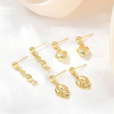 Heart & Leaf & Candy Brass Dangle Stud Earrings