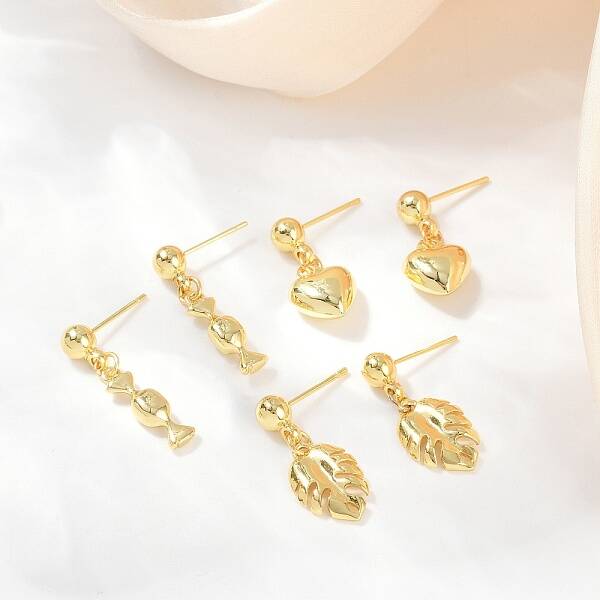 Heart & Leaf & Candy Brass Dangle Stud Earrings