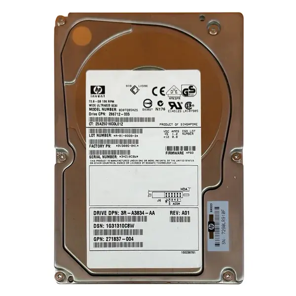 286712-005 HP 72.8GB Ultra-320 SCSI 10000 3.5-inch Hard Drive