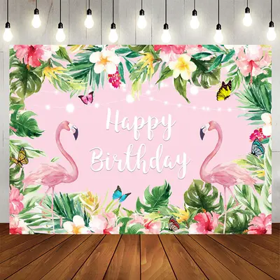 Aperturee Pink Tropical Flower Flamingos Birthday Backdrop