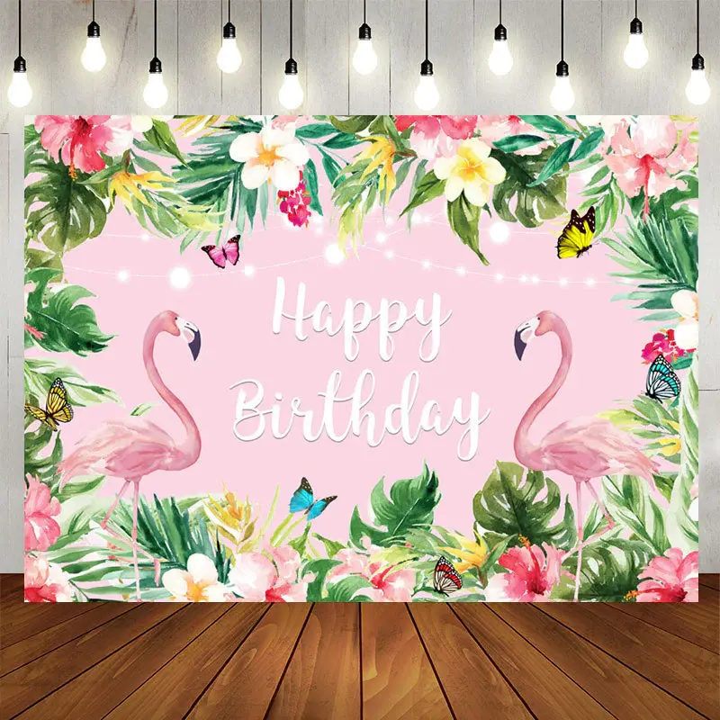 Aperturee Pink Tropical Flower Flamingos Birthday Backdrop