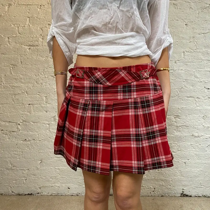 Street One Checked Mini Skirt - 32W UK 12 Red Polyester Blend