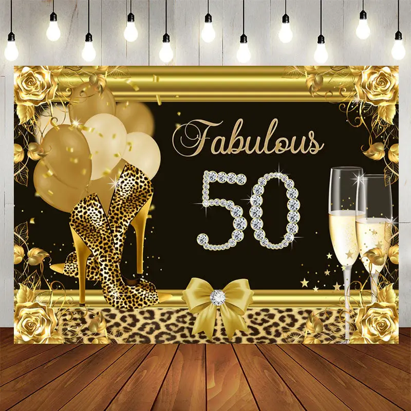 Aperturee Black and Gold Heel Happy 50Th Birthday Backdrop