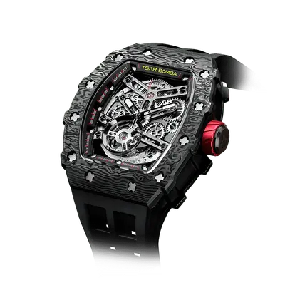 TSAR BOMBA Men's Automatic Watch | Carbon Fiber Luxury Skeleton Wristwatch | Black | Elemental TB8208CF | Tonneau Mechanical ...