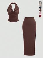 Two-Piece Set Women's Solid Color Twist Front Crop Tank Top & Skirt, Casual Fashion Cozy Two-piece for Daily Outdoor Wear, La...