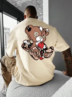 Men's Cartoon Bear Graphic Print Round Neck Tee, Summer Clothes Regular Fit Casual Fashion Drop Shoulder Short Sleeve T-shir...