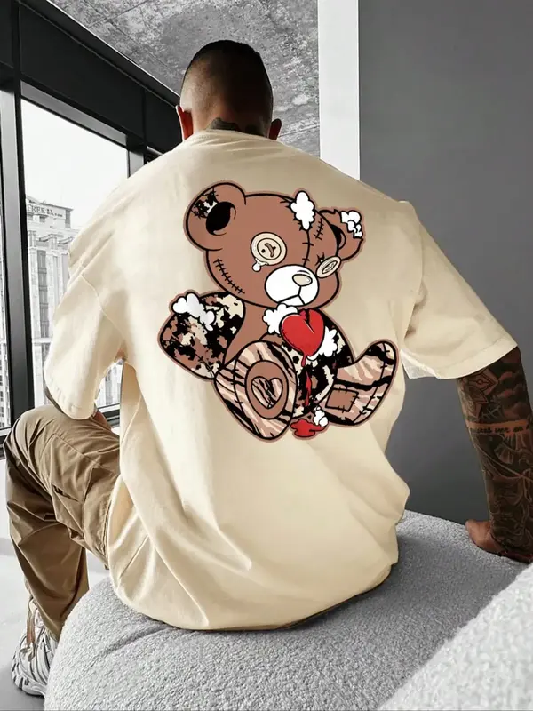 Men's Cartoon Bear Graphic Print Round Neck Tee, Summer Clothes Regular Fit Casual Fashion Drop Shoulder Short Sleeve T-shir...