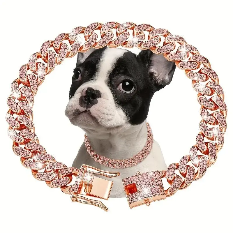 Rhinestone Decor Dog Chain Collar, 1 Count 13mm Wide Pet Necklace, Fashionable Pet Jewelry Accessories for Small, Medium and ...