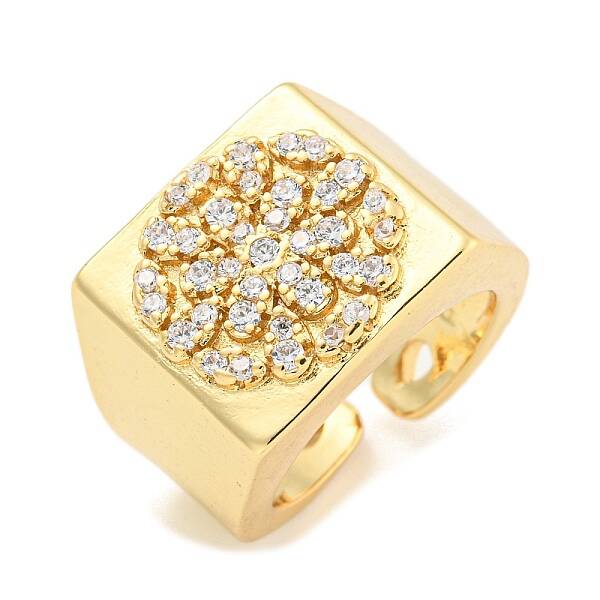Rectangle with Flower Clear Cubic Zirconia Open Cuff Ring