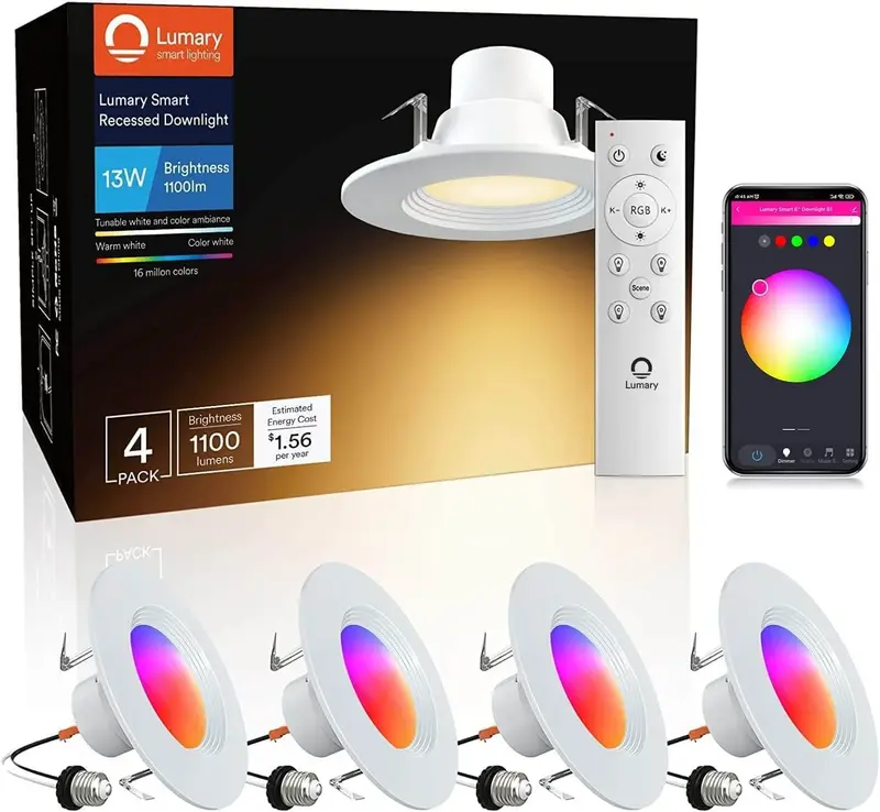 Lumary Smart Wi-Fi Recessed Lighting Fixtures Retrofit Downlights 6 inch 4PCS (With Remote Controller)
