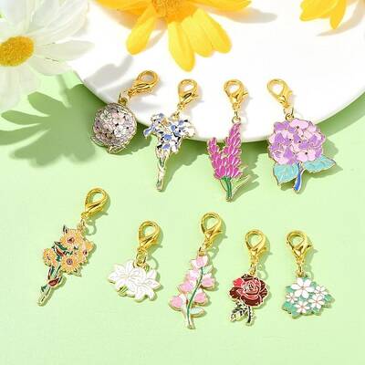 9Pcs 9 Styles Flower Alloy Enamel Pendant Decorations