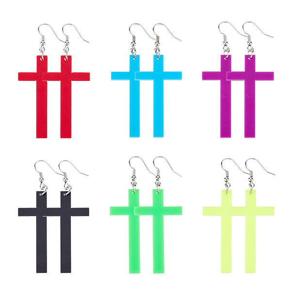 6 Pairs 6 Colors Acrylic Cross Dangle Earrings with Platinum Iron Pins for Woman
